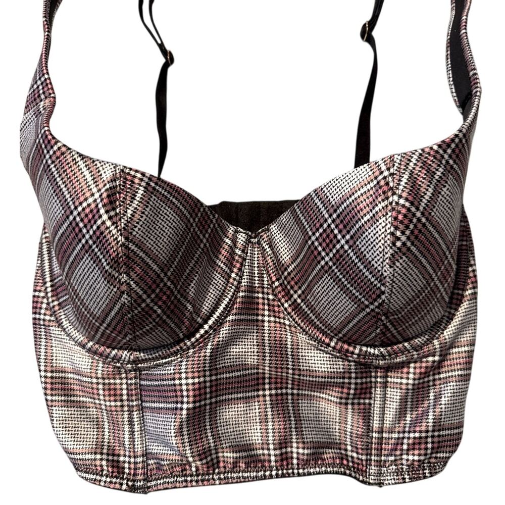 Victoria's Secret 32D Plaid Bustier Bra Crop Top Pink Black Underwire EUC